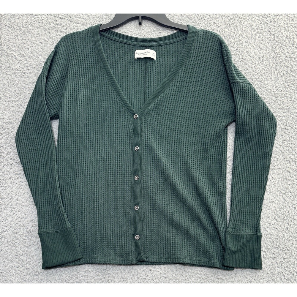Abercrombie & Fitch Soft & Cozy Waffle Knit Cardigan Sweater Womens M Green